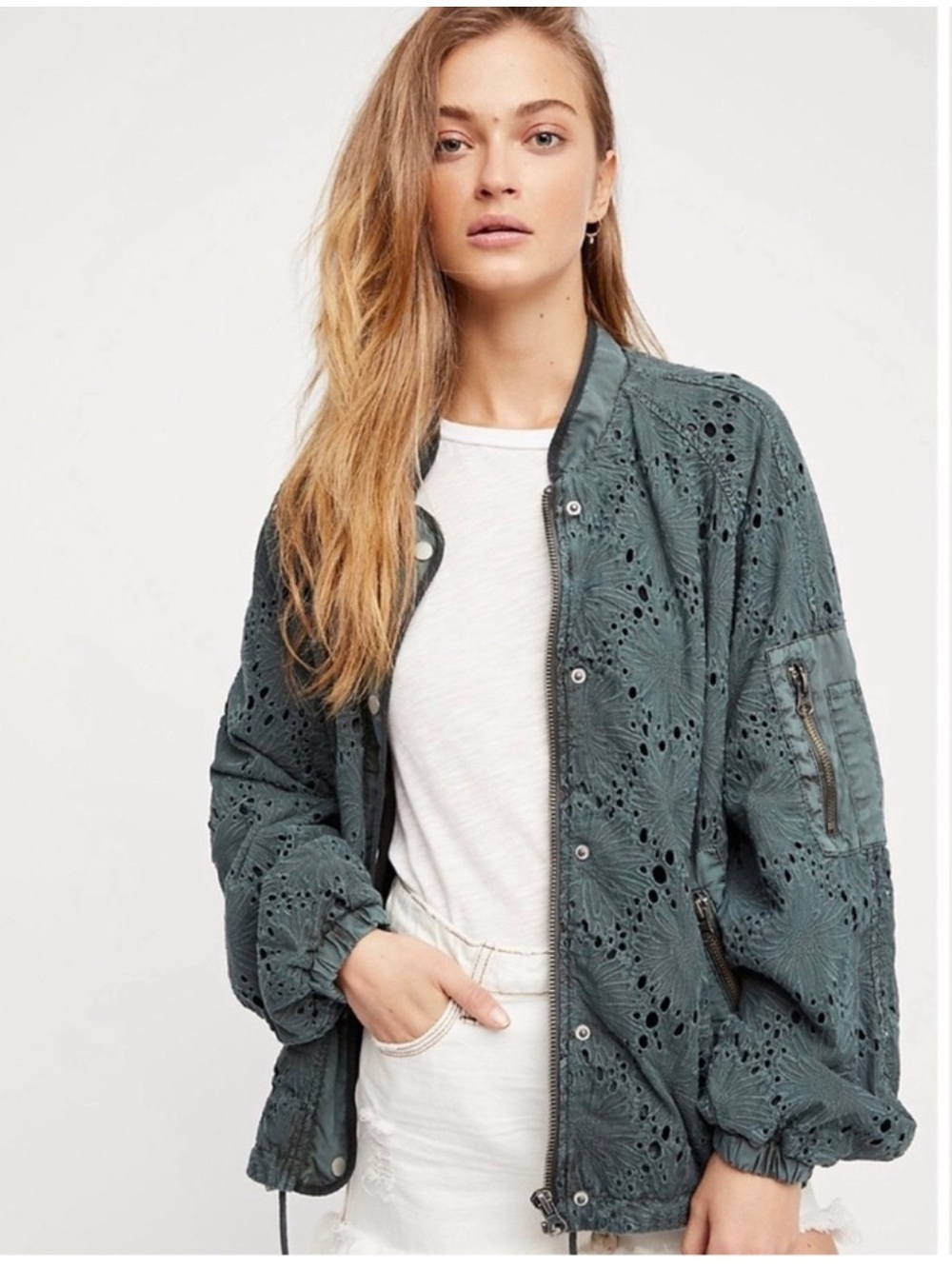 Free People Eyelet Daisy Jane Bomber Jacket